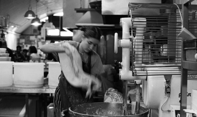 Taking dough out of mixer